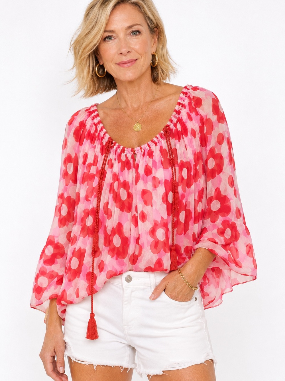 Antik Batik Jucy Peasant Blouse Tassel Tie Floral Crepon Red Pink S/38